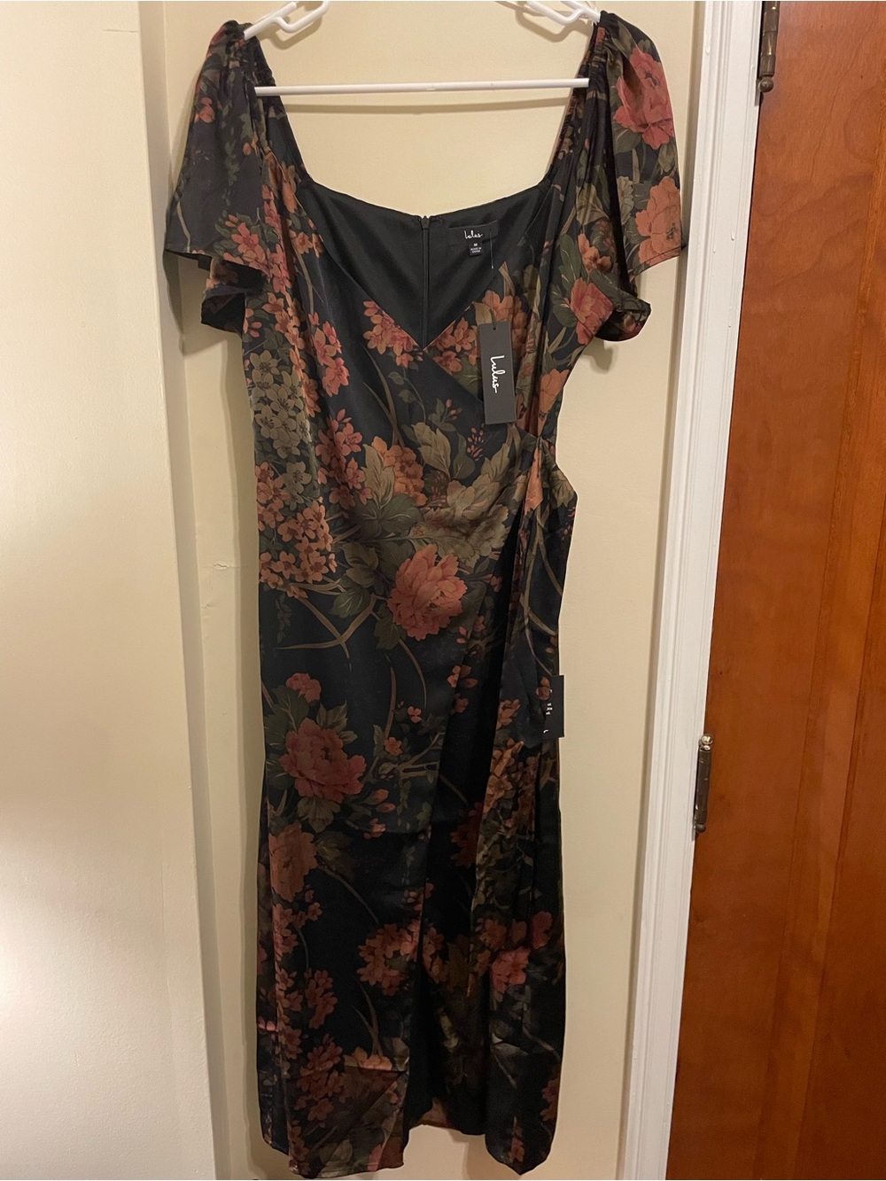 Lulu’s Floral Satin Midi Dress in Black and Rust
